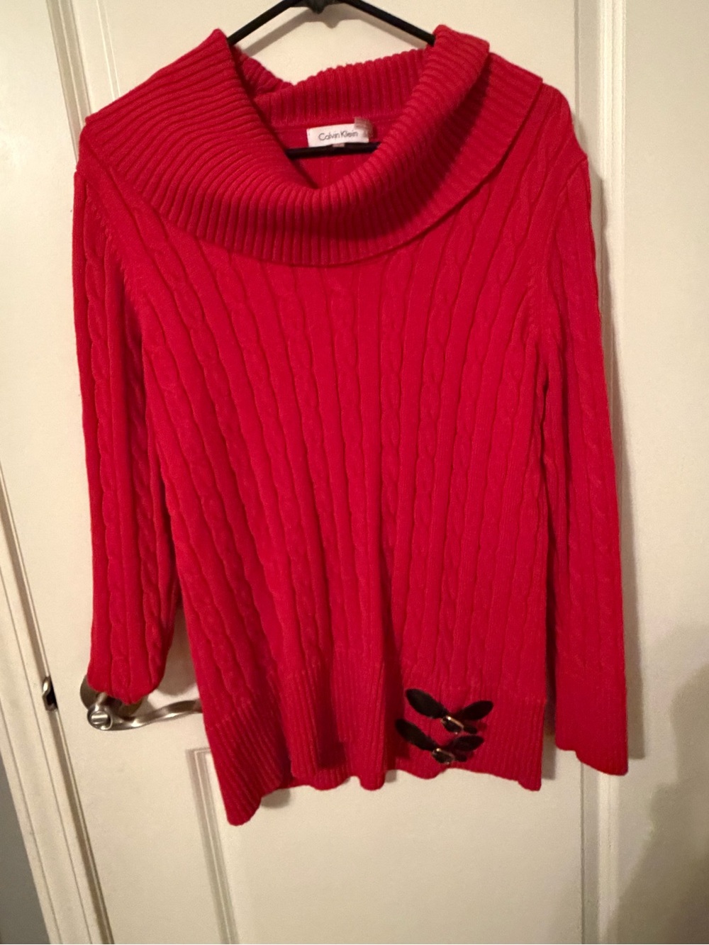 Calvin Klein Bright Red Cable Cowl-Neck Sweater with Button Detail